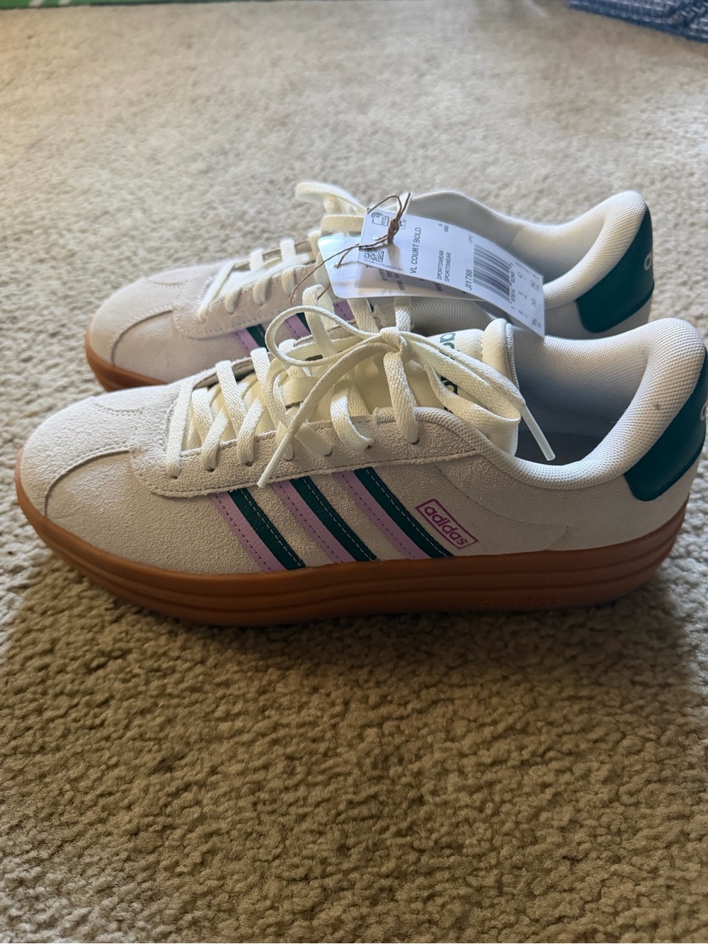 Adidas VL Court Bold White Suede Platform Sneakers with Teal & Lavender Stripes